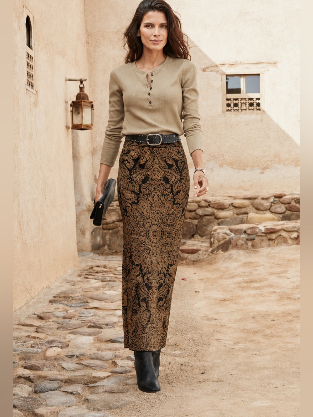 Peruvian Connection Pima Cotton Maxi pencil Skirt Women’s Size Medium Black gold